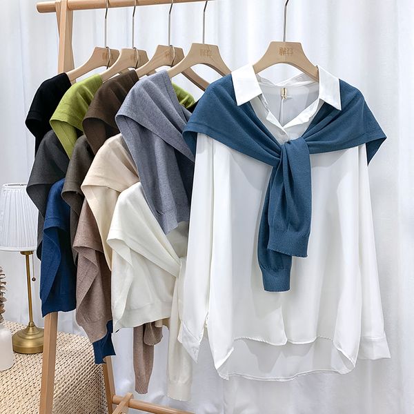 

korean foreign style knitted shawl for women's autumn and winter wear net red scarf knot tie with skirt shoulder ins fashion, Blue;gray