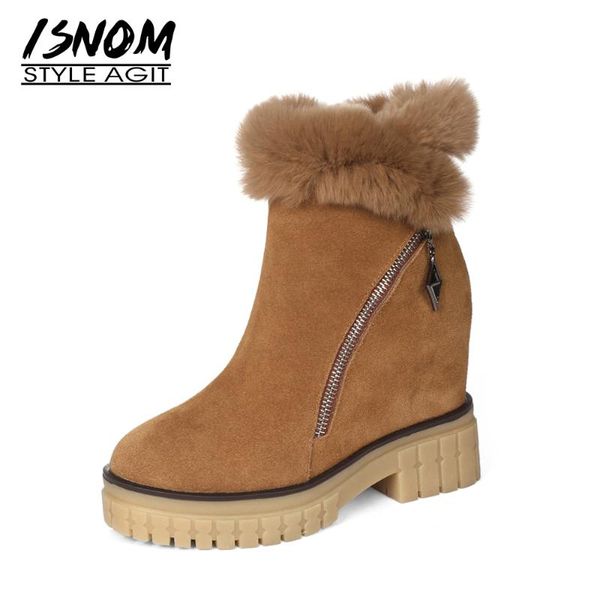 

isnom women cow suede snow boots round toe zip warm fur ankle boots fashion outdoor platform wedges heel winter 2020, Black
