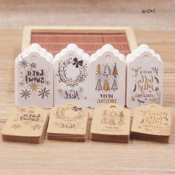 

new100pcs christmas tags kraft paper card label snowflake santa claus pendant ornament decorations for home new year navidad 2020