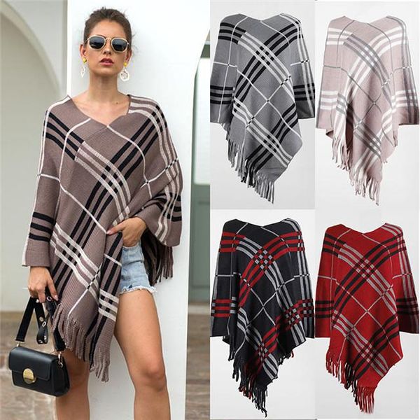 

women's cardigan trendy fashion jacquard fringed cape sweater autumn and winter ladies batwing pullover color-blocking jacquard fringed, Black