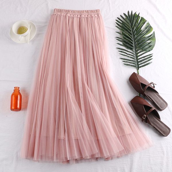 

pleated half-length layers yarn elastic waist long women mesh tutu 2020 party skirt faldas mujer 1014, Black