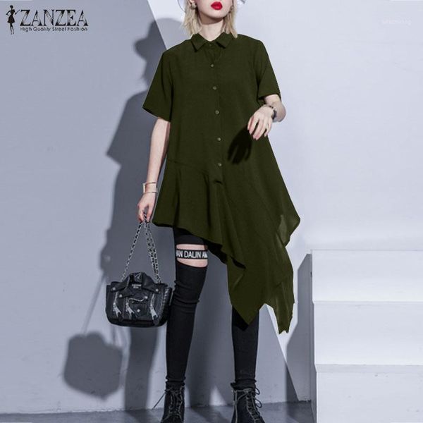 

fashion lapel shirts women's asymmetrical blouse zanzea casual short sleeve blusas female button tunic plus size chemise1, White