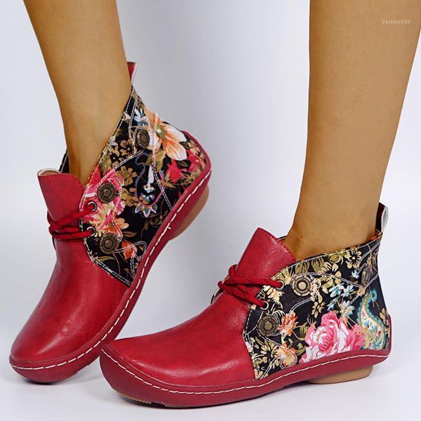 

boots winter flat ankle women vintage floral printed shoes ladies casual round toe footwear comfy botas mujer d301, Black