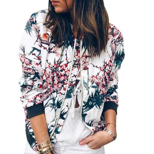

women floral printed long sleeve zip up coat biker retro coat ty661, Black;white