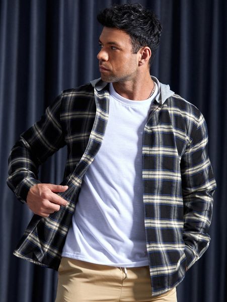 

extended sizes men plaid print hooded shirt n4fv#, White;black