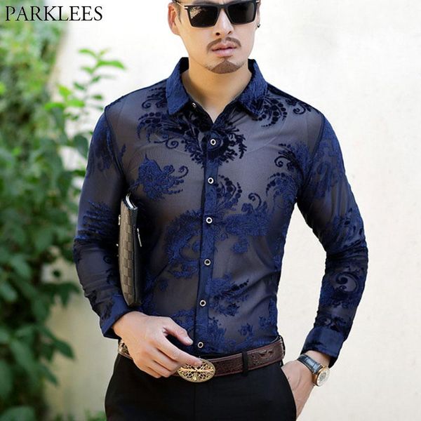 

embroidery mens transparent dress shirts slim fit long sleeve lace chemise see through mesh camisas club party prom shirt male, White;black