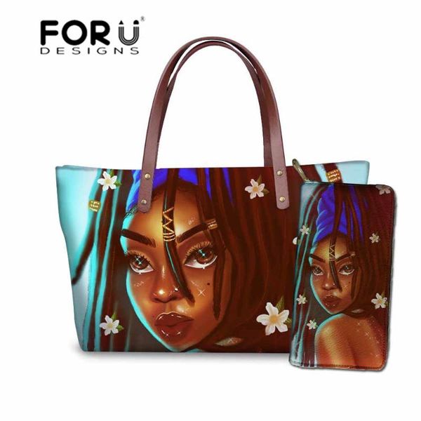 

forudesigns bags for women 2020 luxury handbags ladies 2pcs/set black art african girls printed beach totes females shoulder bag