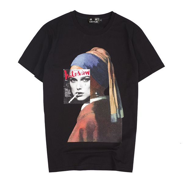 

men's girl wearing pearl earrings printed short sleeve shirts summer casual cotton hip hop tees fashion streetwear tshirts u6nn, White;black