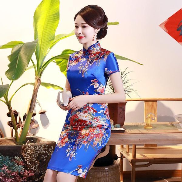 

royal blue lady mandarin collar classic qipao summer new short slim cheongsam elegant chinese style dress gown oversize s-6xl1, Red