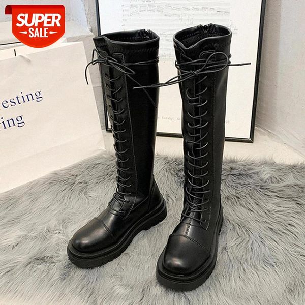 

lucyever fashion cross strap pu leather boots women black platform knee high heels boots woman elastic autumn winter shoes lady #1h0f