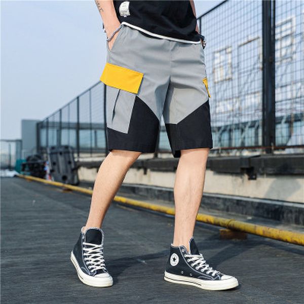 

men casual loose shorts korean trend summer mens pants knee length hip hop streetwear male cargo patchwork kg-2, White;black