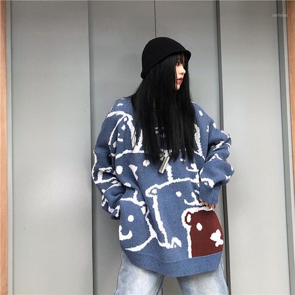 

autumn winter outwear bear print sweater women knit round neck pullover long sleeve pull femme autumn winter casual sueter1, White;black