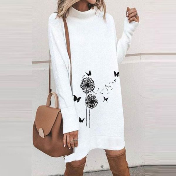 

women's fashion casual autumn and winter loose casual long sleeve printed stack collar knee-length dress ropa de mujer 2020, Black;gray