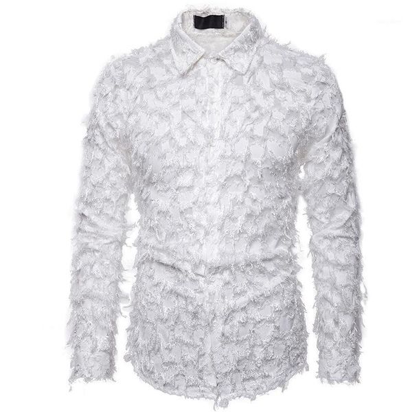 

fashion white feather shirt men 2020 brand new slim fit long sleeve lace shirts mens party event prom clubwear chemise1, White;black