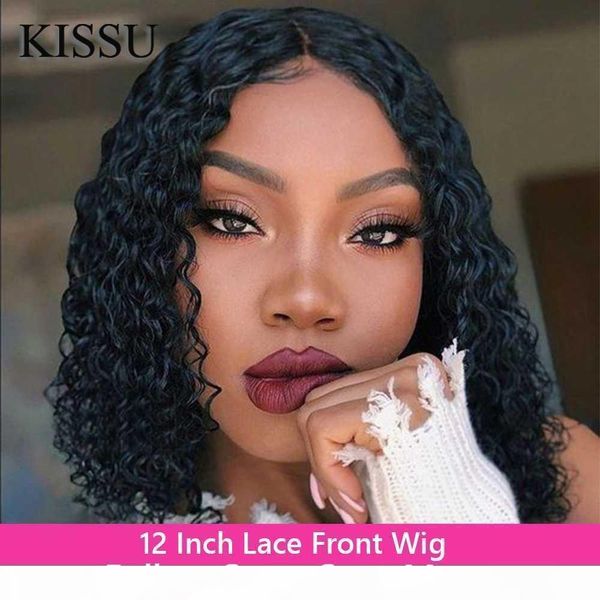 

12 inch lace front wig bob wig deep wave lace front peruvian hair curly bob frontal human hair wigs with sale, Black;brown