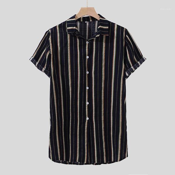 

men shirt colorful stripe summer short sleeve loose buttons casual beach blouse turn down collar shirt men chemise homme1, White;black