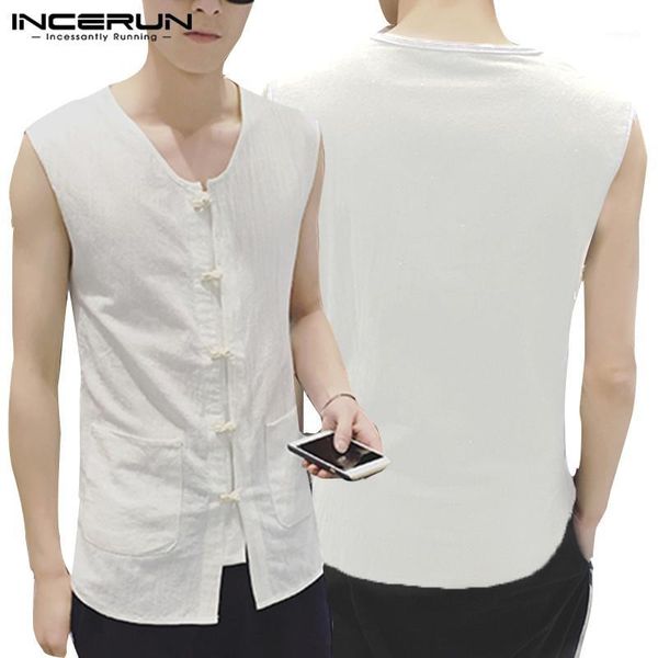 

incerun chinese style vintage men shirt sleeveless cotton button solid color breathable loose camisa casual shirts men 20191, White;black