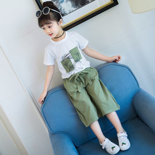 

girls clothing sets summer children printed t-shirt + wide leg pants 2pcs fashion teen kids outfits 8 10 12 years girls clothes t200707, White