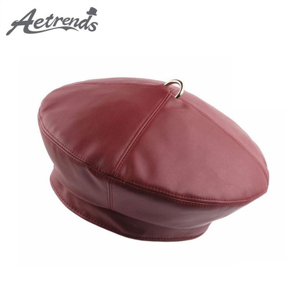 

berets [aetrends] vintage pu leather with metal ring women hat beret flat cap z-6843, Blue;gray