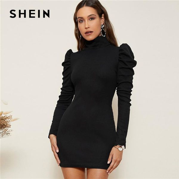 

shein high neck gigot sleeve rib-knit bodycon dress women autumn office lady fitted solid elegant mini pencil dresses, Black;gray
