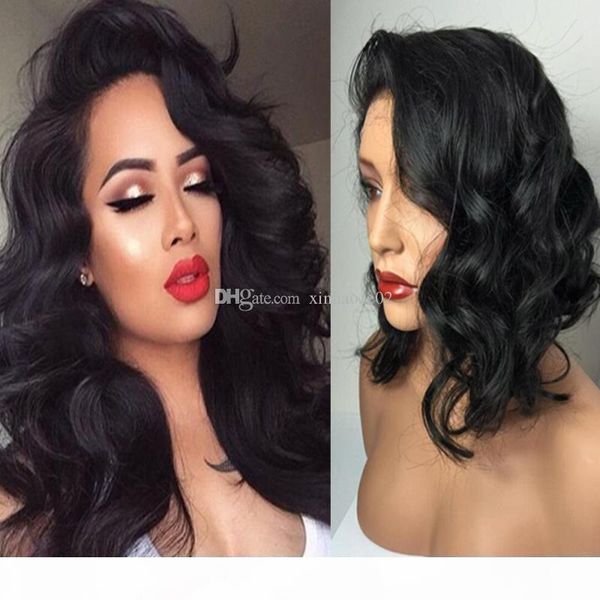 

side part short wavy 150density fulllace wigs natural hair wavy bob lace front wigs human hair, Black;brown