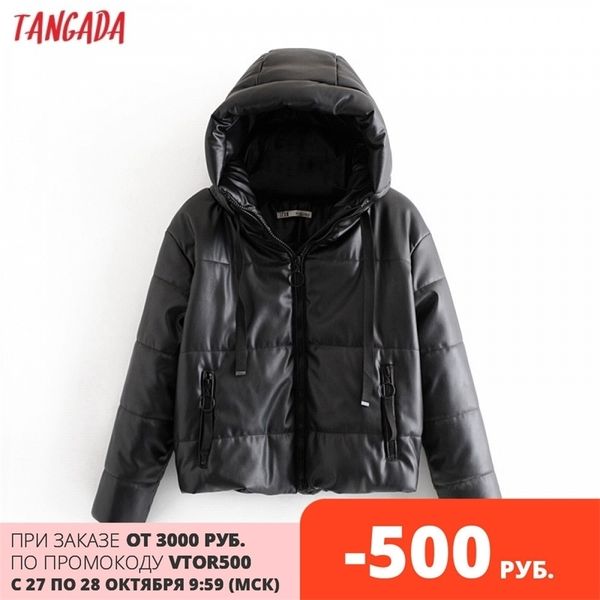 

tangada women black fur faux leather jacket coat oversized zipper winter female thick pu hooded jacket overcoat 6a170 201029