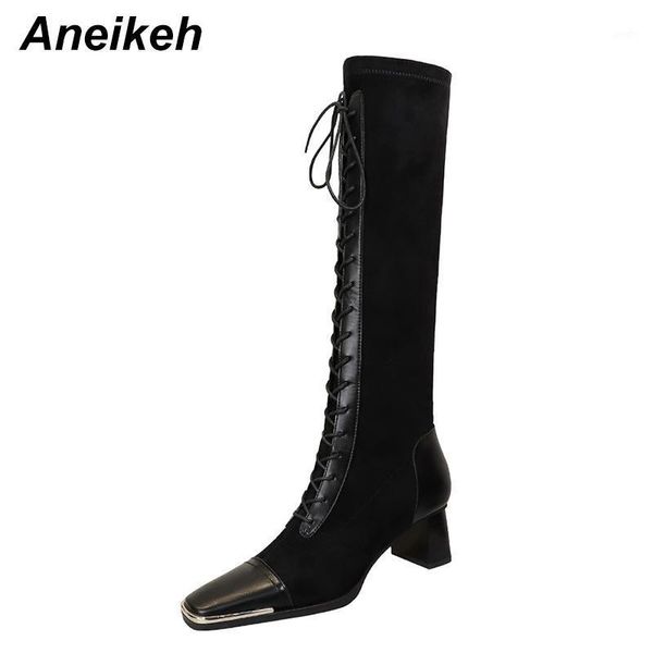

aneikeh fashion retro women's winter boots 2020 metal decoratio cross-tied patchwork pu flock knee-high square heel party shoes1, Black