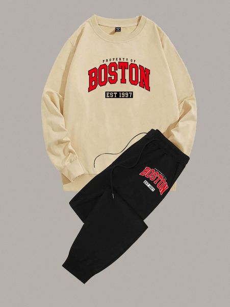 

romwe guys letter sweatshirt & drawstring sweatpants k89m#, Gray