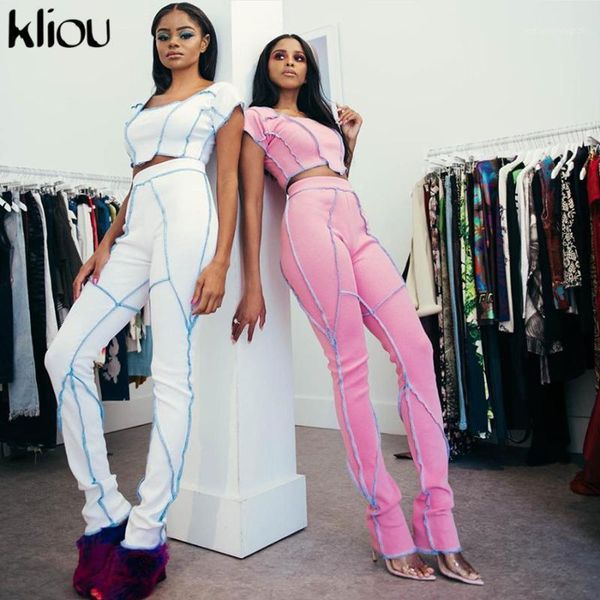 

two piece dress kliou high elastic solid slim set woman 2021 tracksuit crop bodycon leggings outfit casual fashion street set1, White