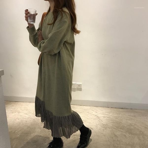 

women autumn thin woolen straight long dress ladies green ruffle hem fake two piece dresses round collar long sleeve pullovers1, Black;gray