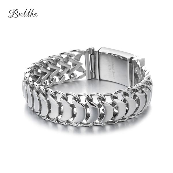 

20mm heavy men's buddha bracelet curb cuban link silver color 316l stainless steel wristband male jewelry with logo y19051101, Golden;silver