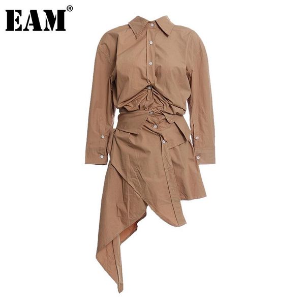 

eam] women pleated mesh irregular stitch shirt dress new lapel long sleeve loose fit fashion tide spring autumn 2020 1z823, Black;gray