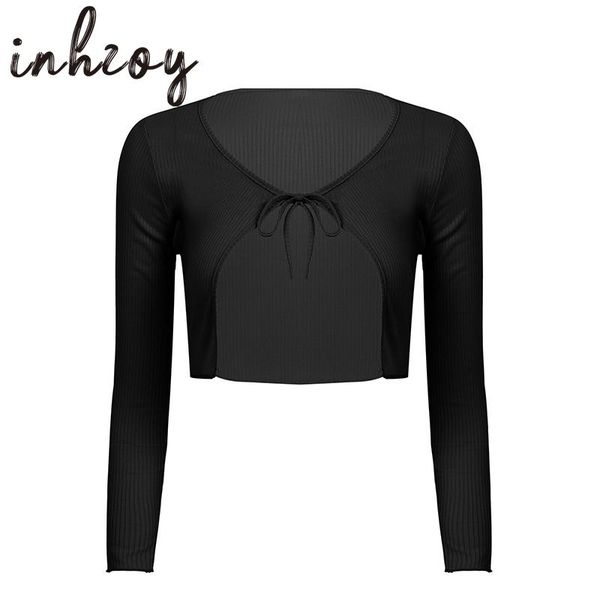 

women's knits & tees women autumn long sleeve ribbed knitted crop solid color tie-up open front bodycon bolero casual mini sweater, White