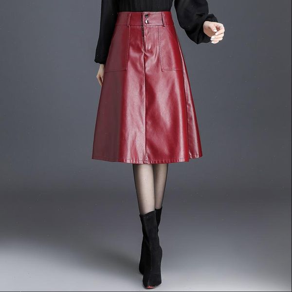 

leather skirt women skirts female autumn and winter 2019 high waist a line midi skirt pu drop shipping, Black