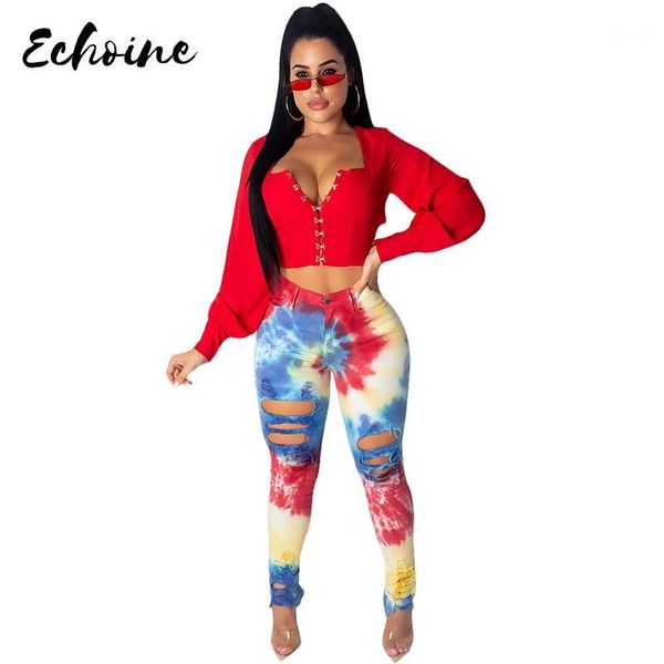 

echoine summer hole skinny pencil classic tie dye galaxy colorful print jeans women bodycon denim long pants trousers s-xxxl1, Blue