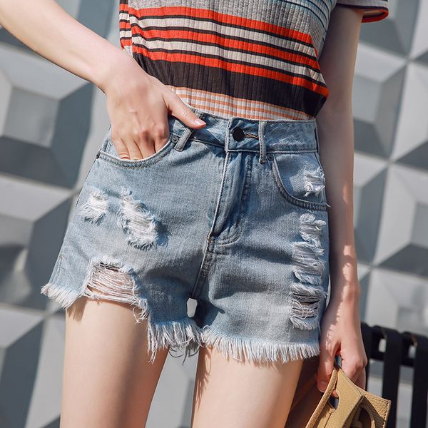 

denim shorts women in spring summer of 2019 show thin and loose high waist, wear out copper cattle pants, fashionable style for, White;black