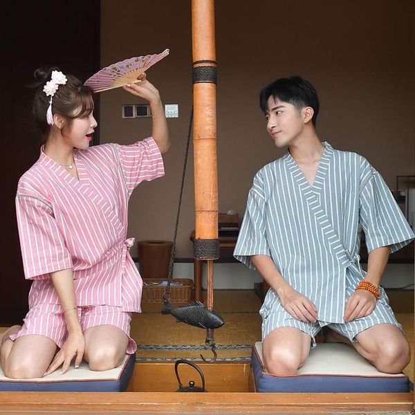 

v-neck short man message sauna pyjamas women sleepwear set pure cotton soft loose japanese style pajamas striped, Black;brown