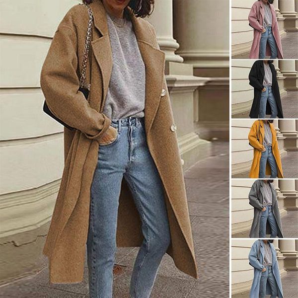 

women autumn winter double breasted long coat long sleeve notched collar overcoat parka jacket vintage, Black