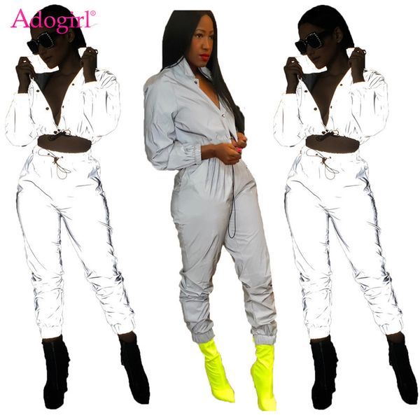 

women reflective tracksuit night version buttons turn down collar long sleeve crop + casual pants two piece set, White