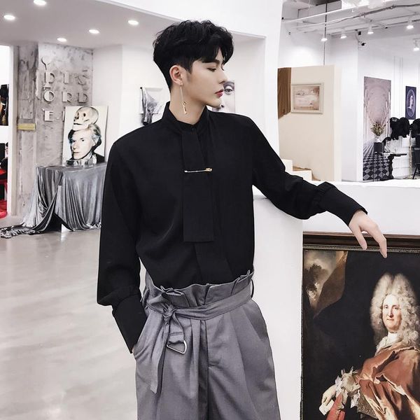 

2021 spring new hip-hop casual shirt bottoming shirt black white exquisite bow tie drape is thin versatile long-sleeved blouses, White;black
