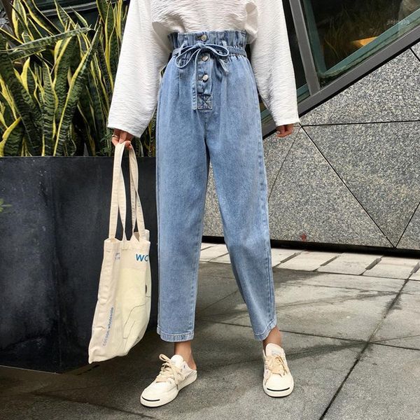 

jeans women harem denim simple high pleated waist buttons students ankle-length all-match loose 3xl plus size harajuku fashion1, Blue