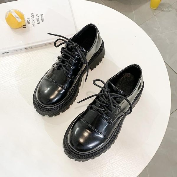 

luxury shoes women designers round toe black oxford shoes lace up flats ladies thick sole leather loafers platform goth1