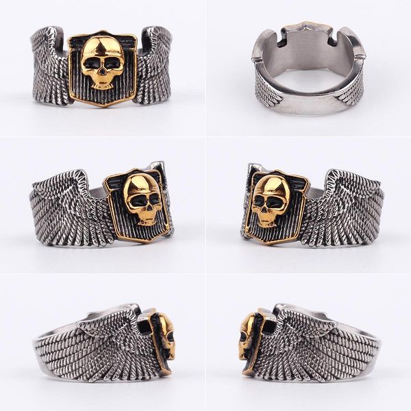

stainless steel men rings skull wing motorcycle punk rock gothic for biker male boyfriend jewelry creativity gift wholesale wmtosh, Bronze;silver