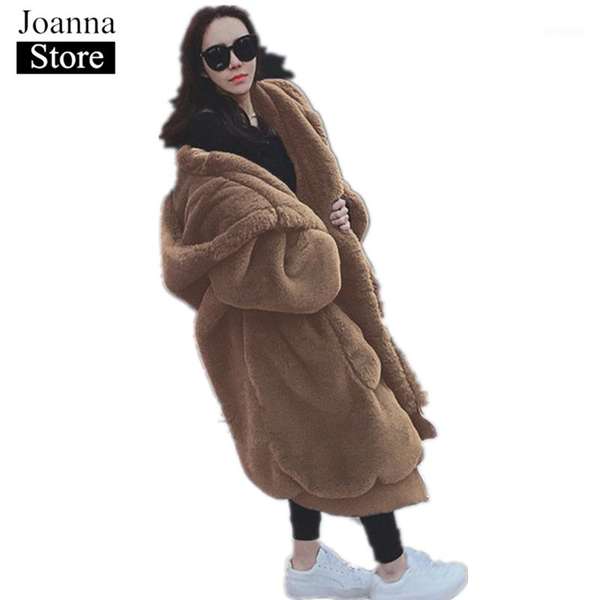 

winter women thick long hooded fur coats pink faux fur fluffy coat female fake clothes red teddy bear plus size furry clothe1, Black