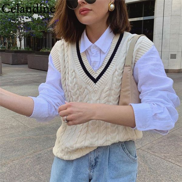 

celandine autumn 2020 beige v neck knitted sweater vest women casual korean preppy style tank loose sleeveless pullover, White;black
