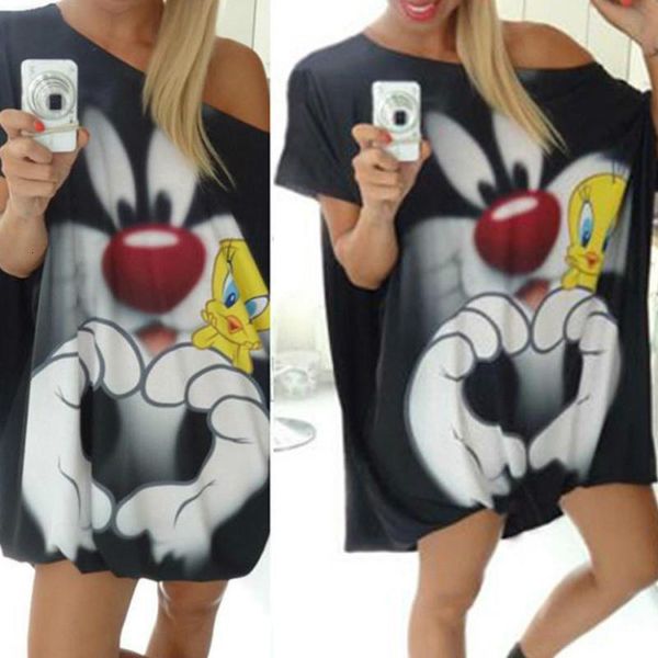 

women cartoon casual beach mini dress sundress loose irregular vestido cap sleeve casual dress sleepwear drop shipping good quality, Black;gray