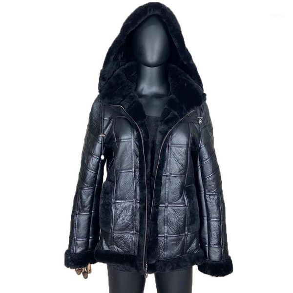 

fashion new real leather jacket european and american women winter casual warm hooded coat1, Black