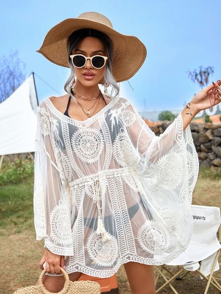 

embroidery belted cover up x5o4#, White;black