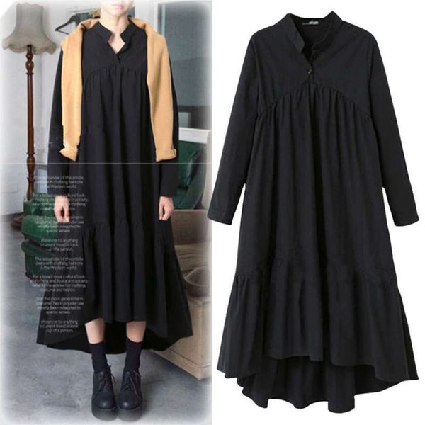 

women's spring 2020 new fat large sister standing collar long sleeve irregular hem cotton hemp dress for women, Black;gray