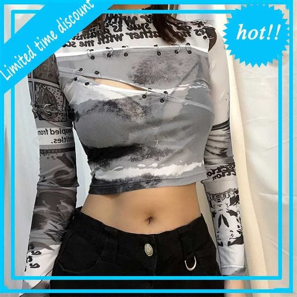

wind women's 2021ins autumn and winter new fashion printing half high collar hollow out navel t-shirt for women, White